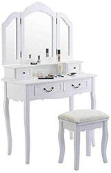  White Wood Tri Folding Mirror Vanity Makeup Table Dresser Desk Set St